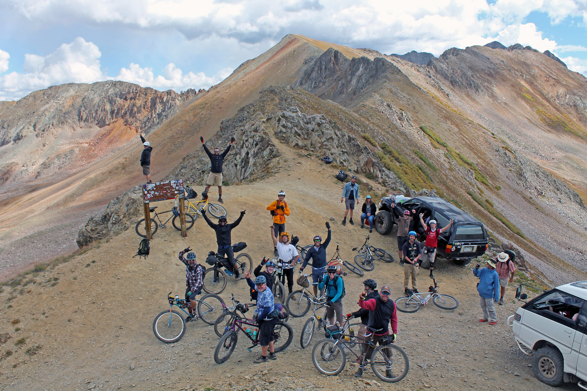 Paerl Pass Tour riders on the summit of Pearl pass on the way to Aspen from Crested Butte. Photo by Rob Korotky